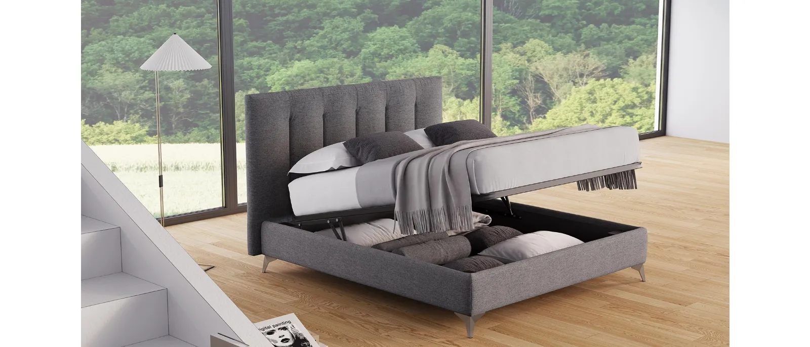 Zen Bed with fabric padded headboard and storage container by Divaletti Home