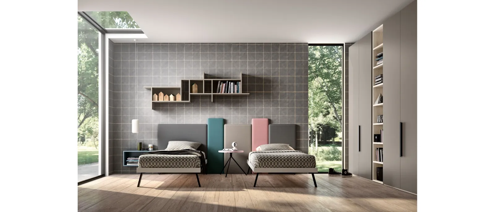 Composable double bed with cabinet and chest of drawers from the new series ROOM 