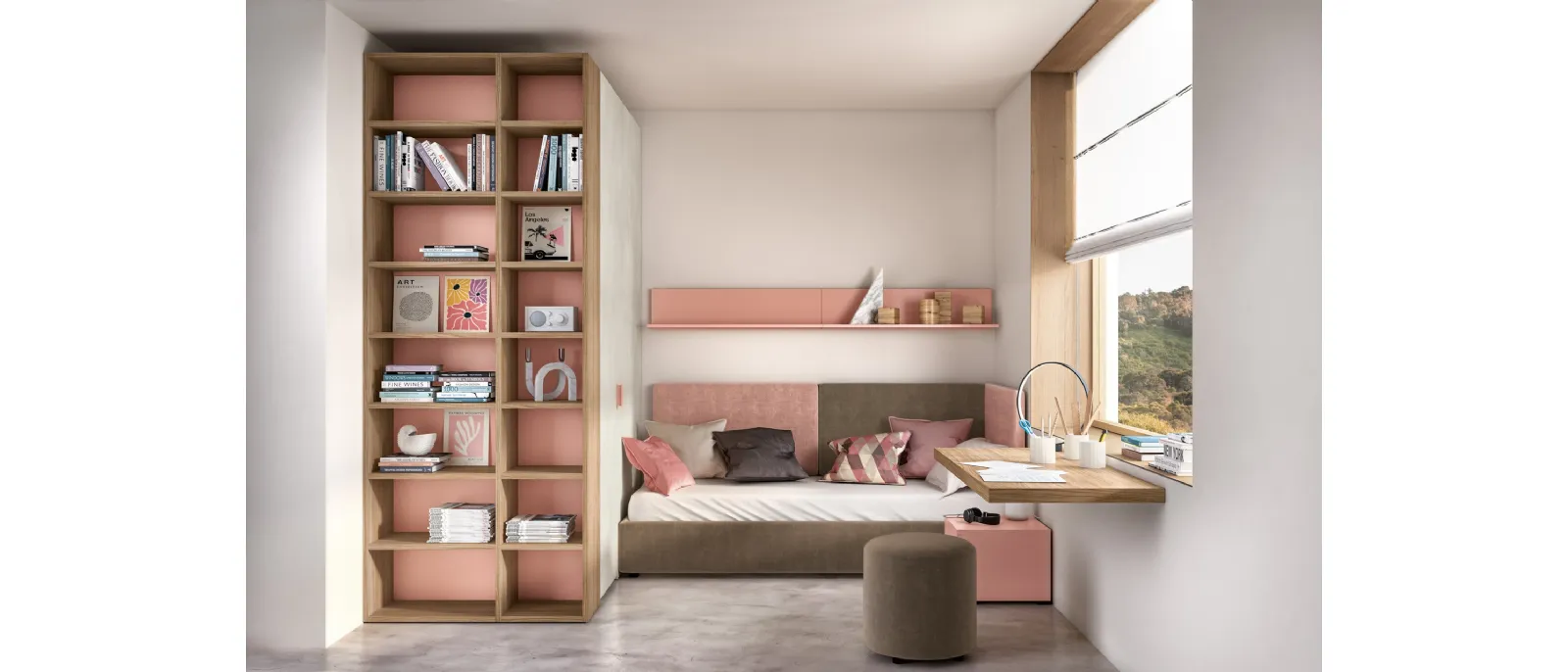 This unique bedroom for young people is made with the materials and technologies typical of contemporary furniture: large open cabinets