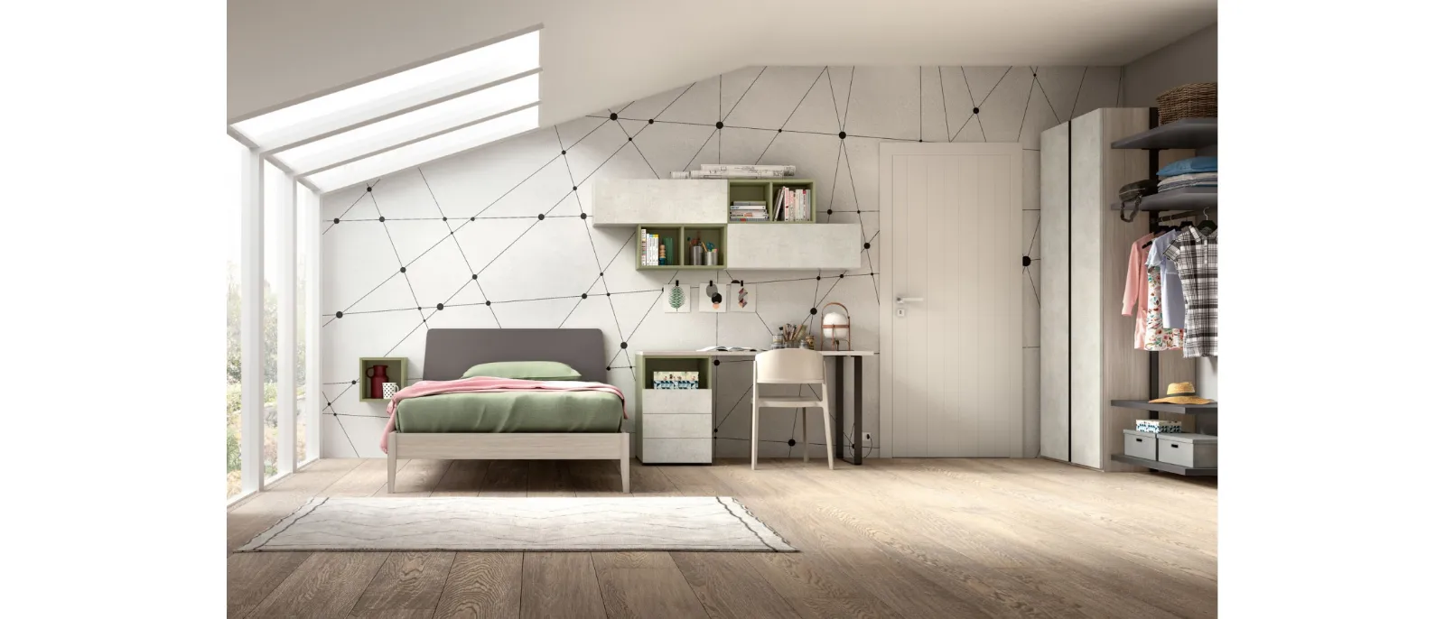 La camera da letto con scrittoio e armadi scorrevoli Linea 3