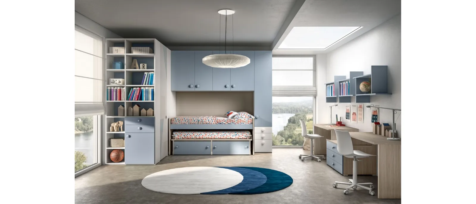 Zg Mobili's Room 142 with two beds and desks are part of a bedroom that has corner bridge to maximize