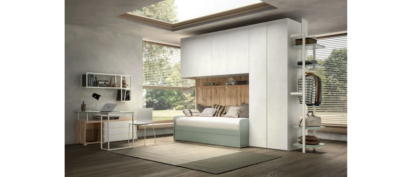 Room is an elegant and innovative collection of wall units to create contemporary bedroom with