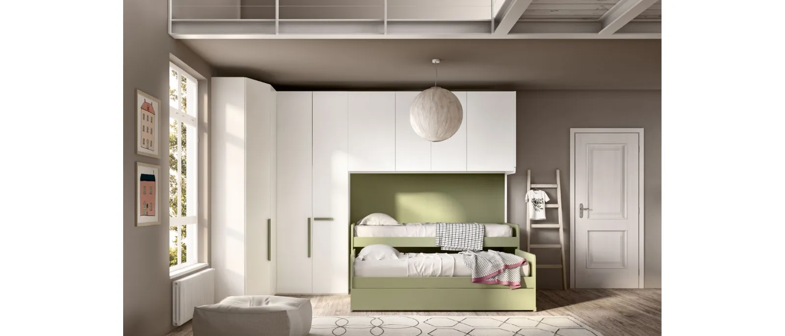 The model of the room with two single beds or double bed and corner bridge that can be extended at night to make another