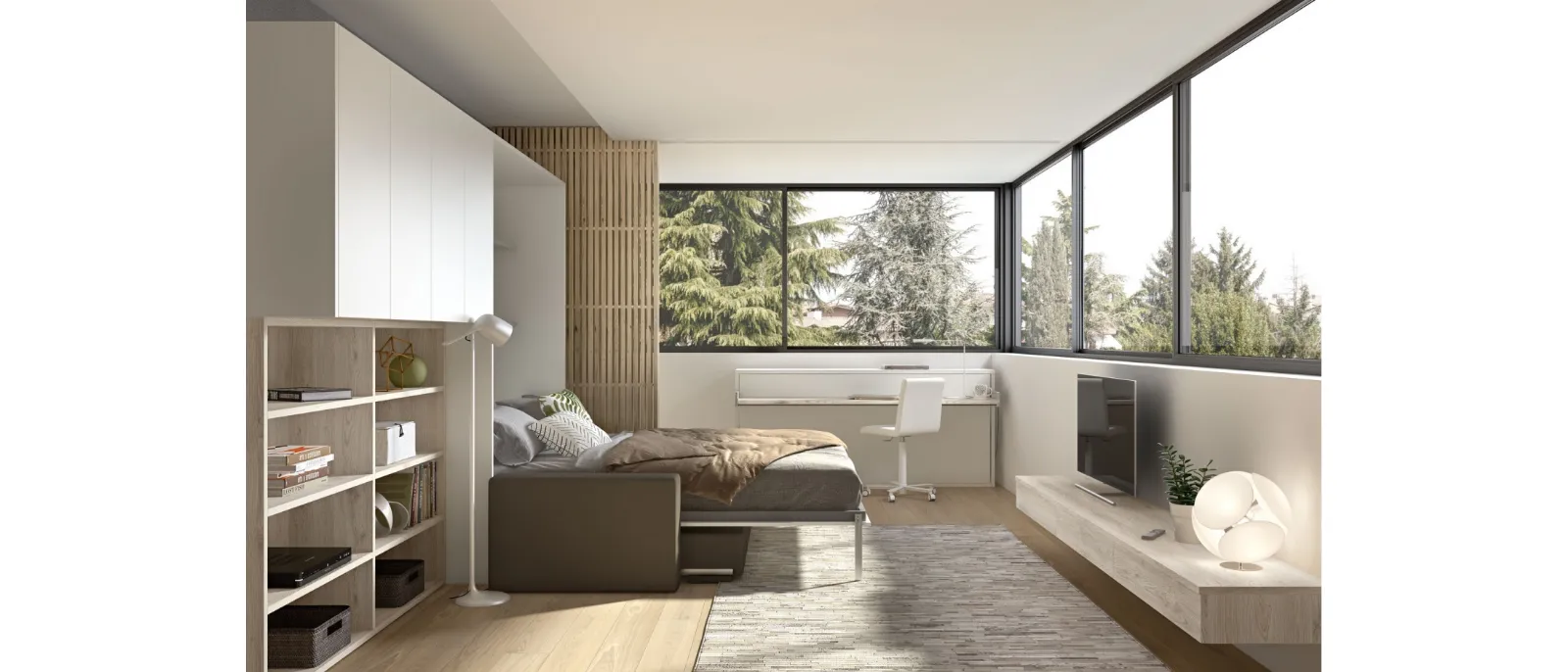 The bedroom solution saves space when the bed is opened Room 148 with a wall unit from zg Mob