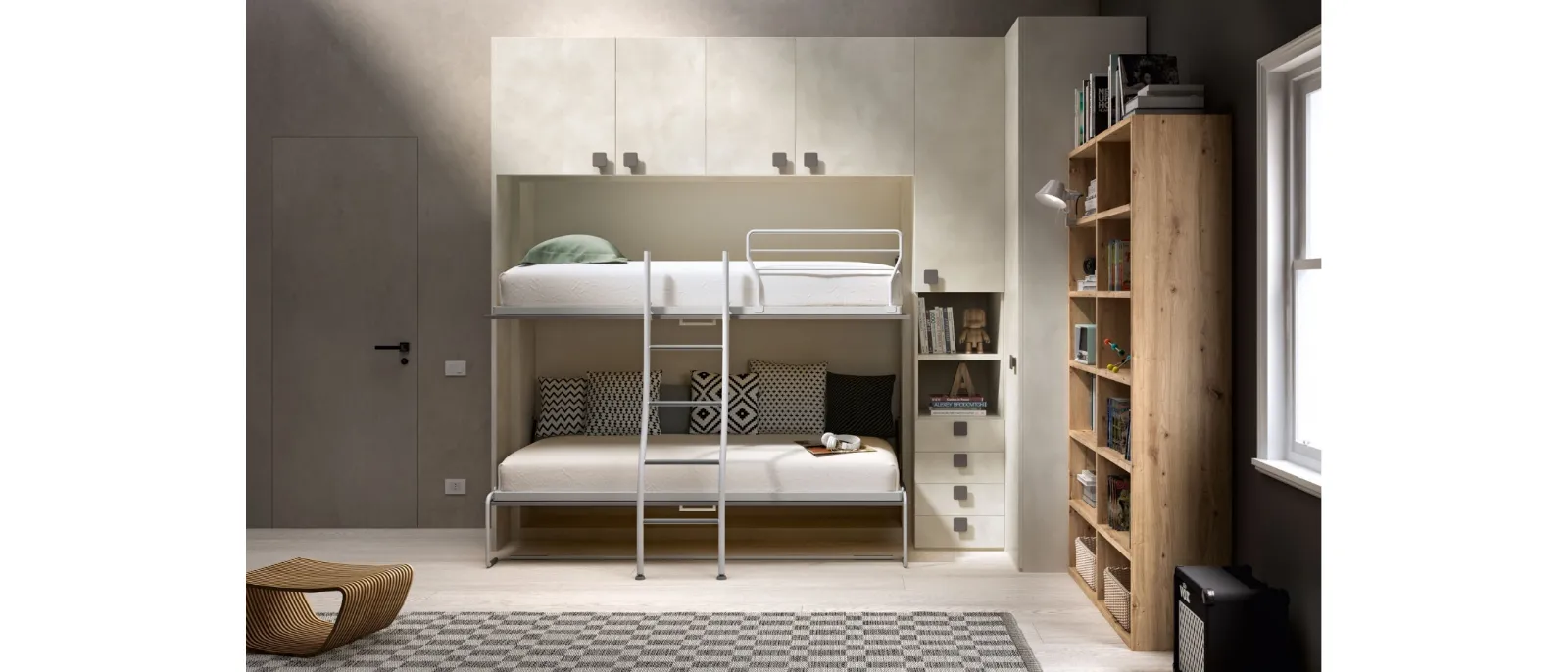 The space saving bedroom with open bunk beds from the collection of rooms Room 152 by zg mobili features two