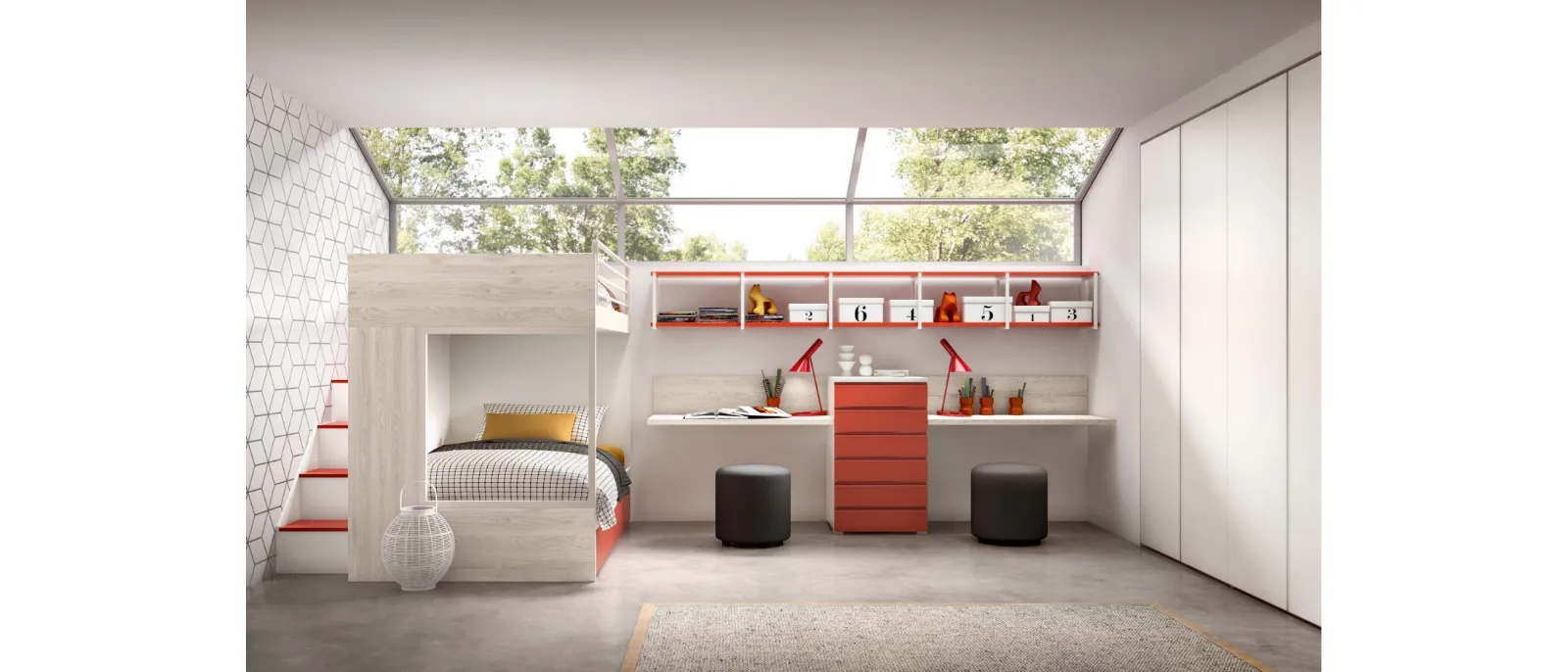 Bedroom with loft Room 153 from the catalogue by ZgMobili. This bedroom has a double height