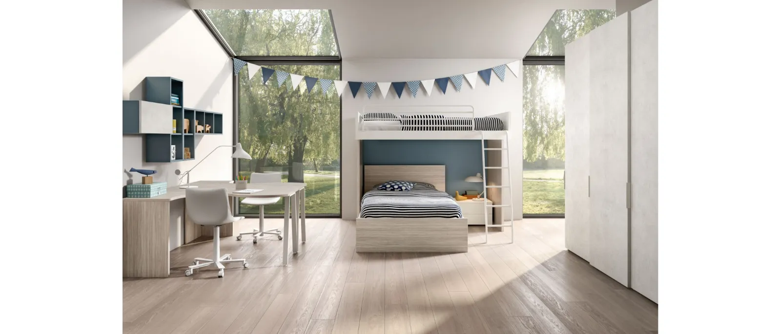 ZG mobili presents a multifunctional bedroom with loft and double desk. This combination of furniture is