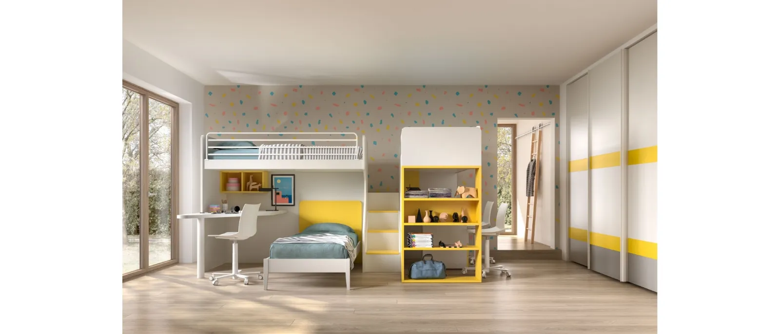 This bedroom loft is perfect for three people; with its bed that can be extended into a sofa and the possibility