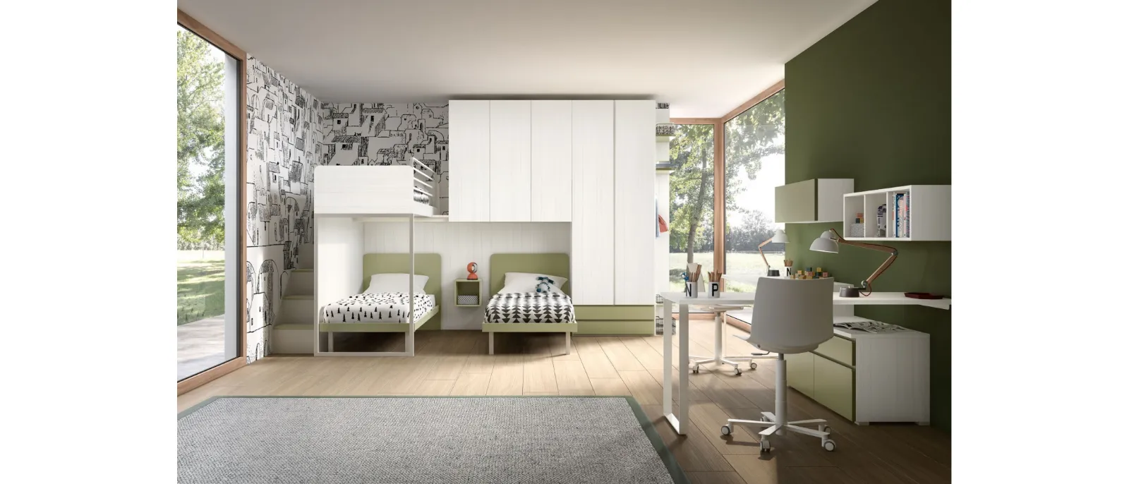This is the composition Room 159 designed by Zg Mobility and shown in photo with three single beds