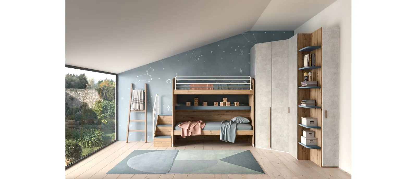 The room with bunk bed and corner wardrobe is the model Room 160 of ZG Mobilier. It