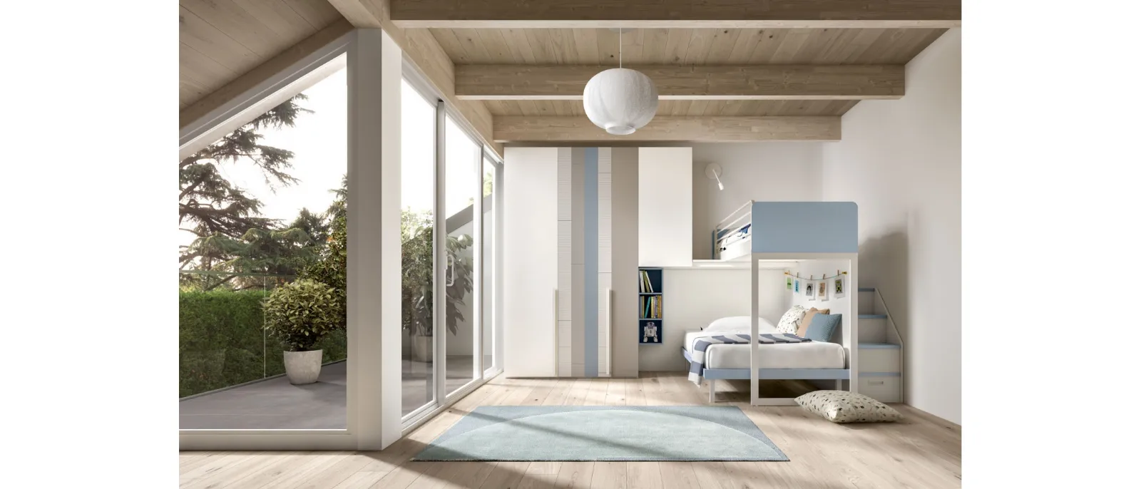 Bedroom with loft Room 163 with wardrobe featuring customisable doors by Zg Mobili. The wardrobe is finished with white