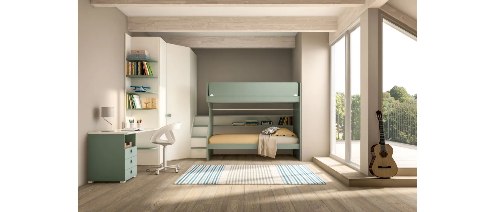 A double bed and a sofa-bed are included in this versatile solution with bunk beds from the Magma