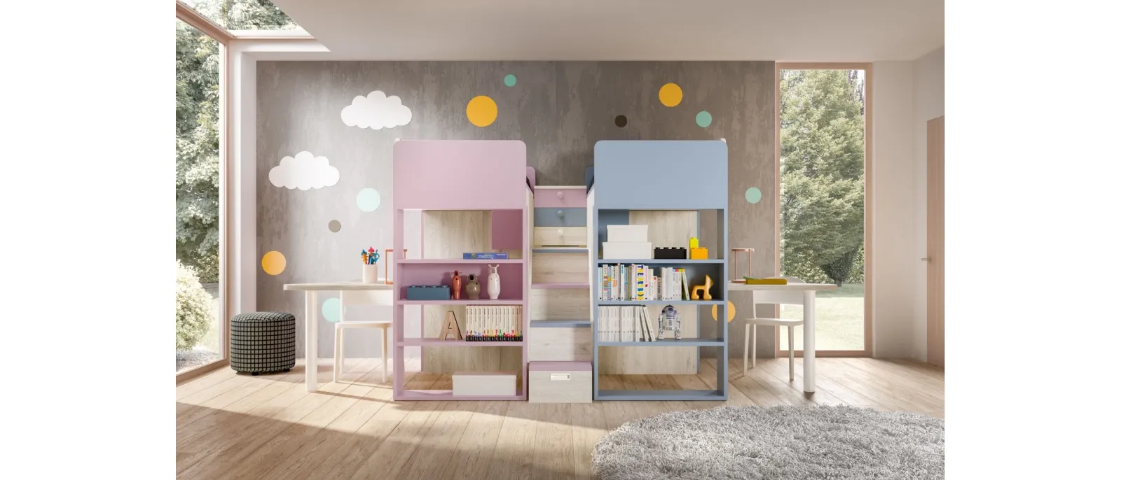This room with a double mezzanine from Zg Furniture allows you to have two single beds and also