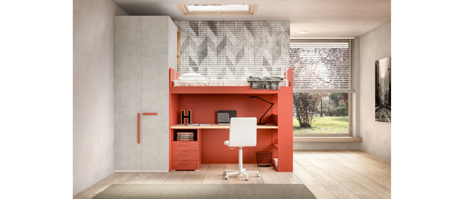 The sleeping area can be completed with a desk that is located under the loft bed, which