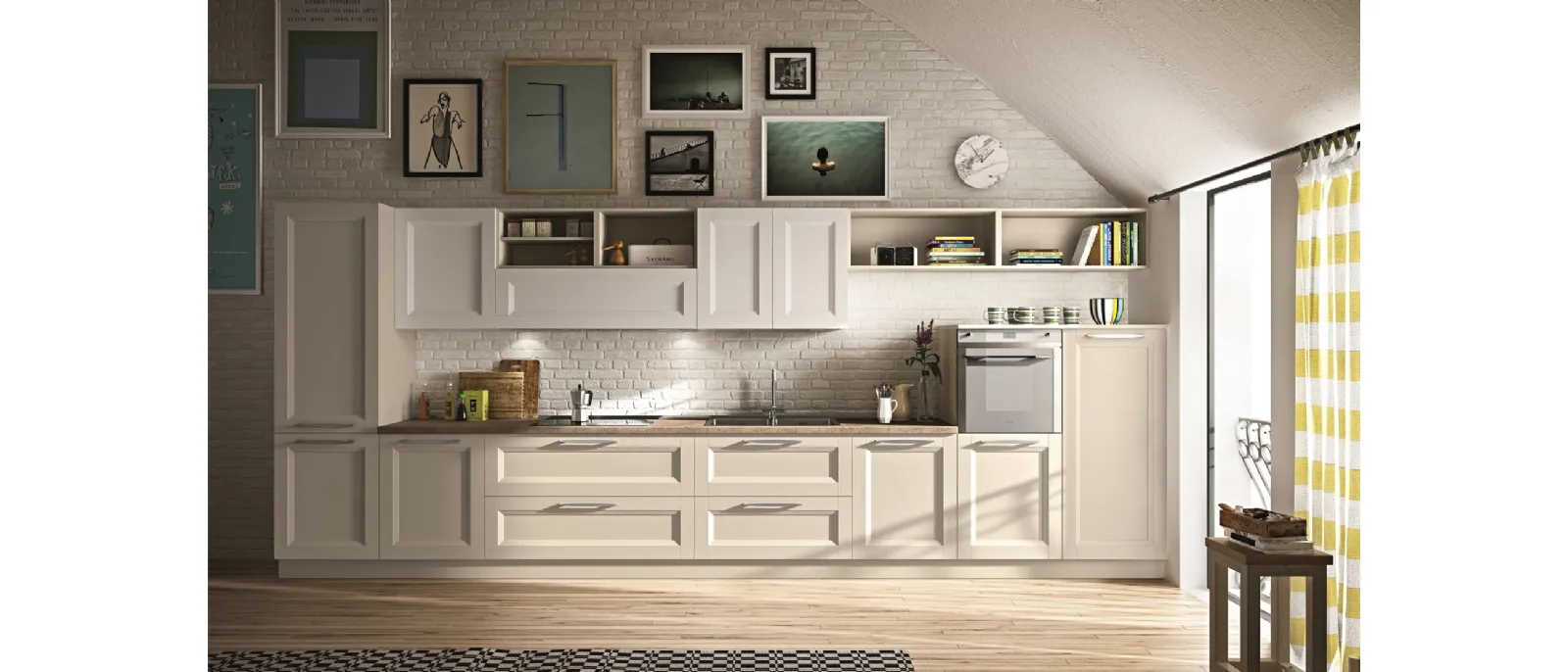 Classic linear kitchen Alba 01 in lacquered wood by Essebi.