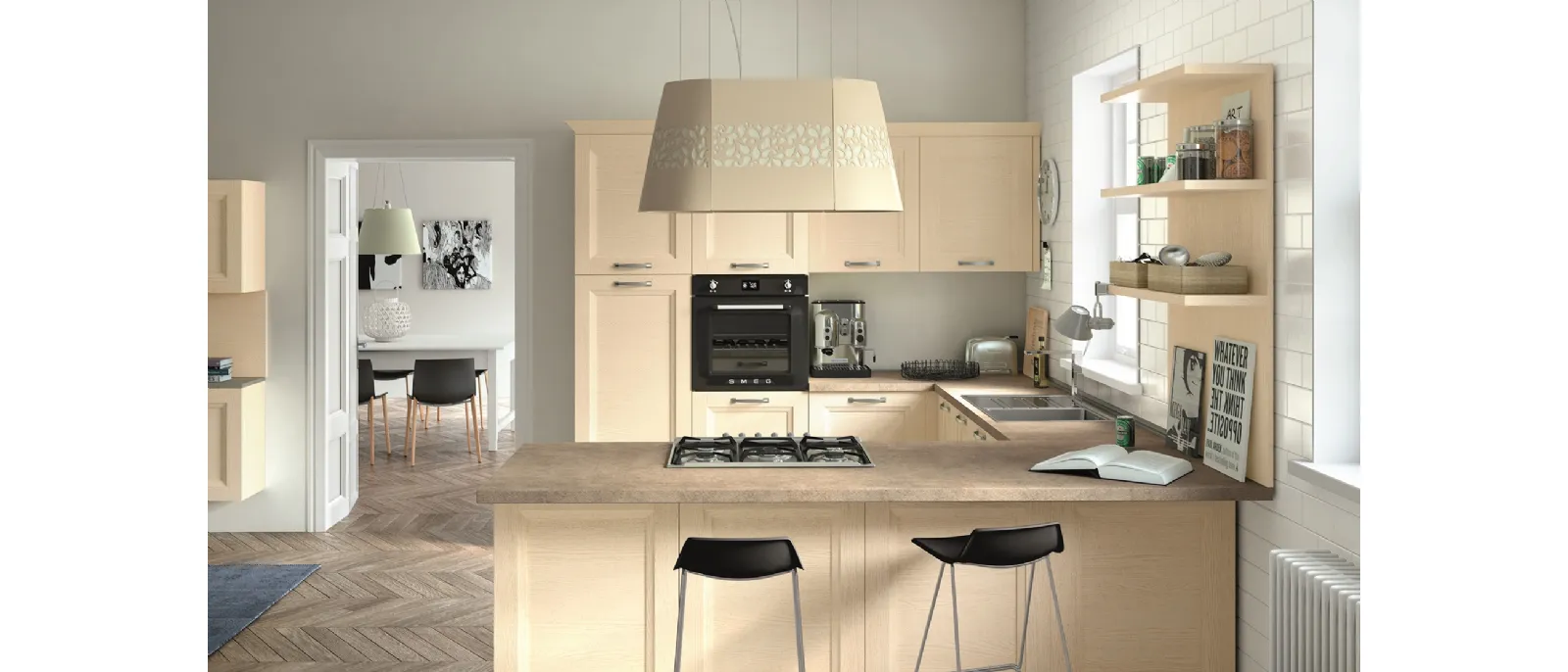 Classic kitchen with Alba peninsula in ash wood with Essebi Pearl finish.