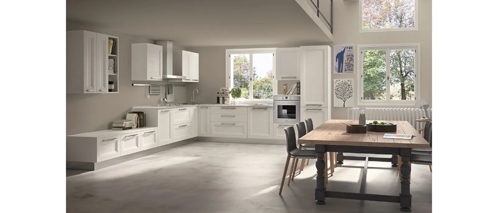 Corner classic kitchen Alba in ash wood with white finish by Essebi.