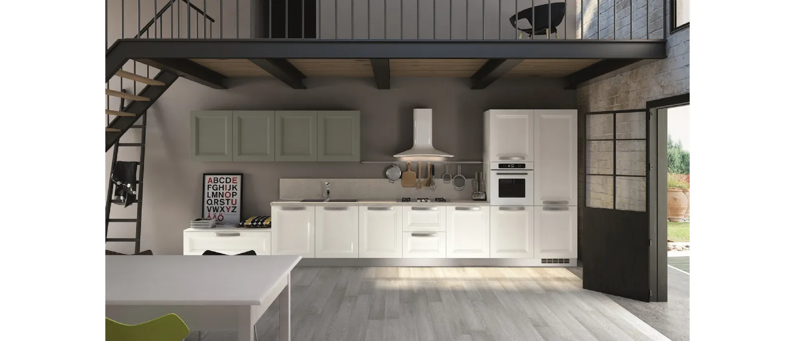 Classic linear Alba kitchen in ash wood with Snow and Cement finish by Essebi.