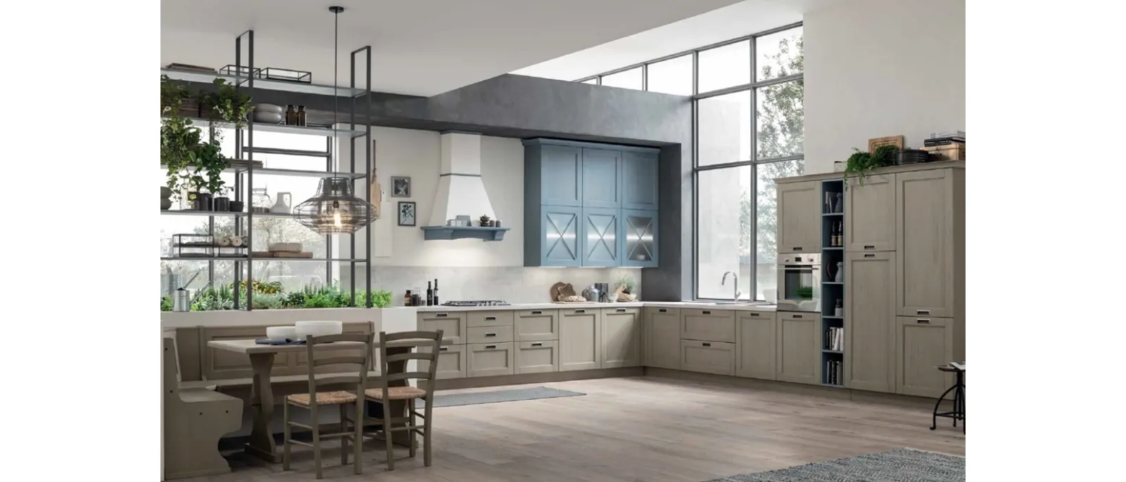 Classic kitchen corner Eva 05 in Cement and Blue color by Arrex.