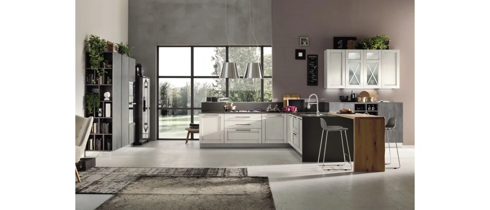 Modern kitchen with Eva 06 peninsula in Decapè Ghiaccio wood by Arrex.