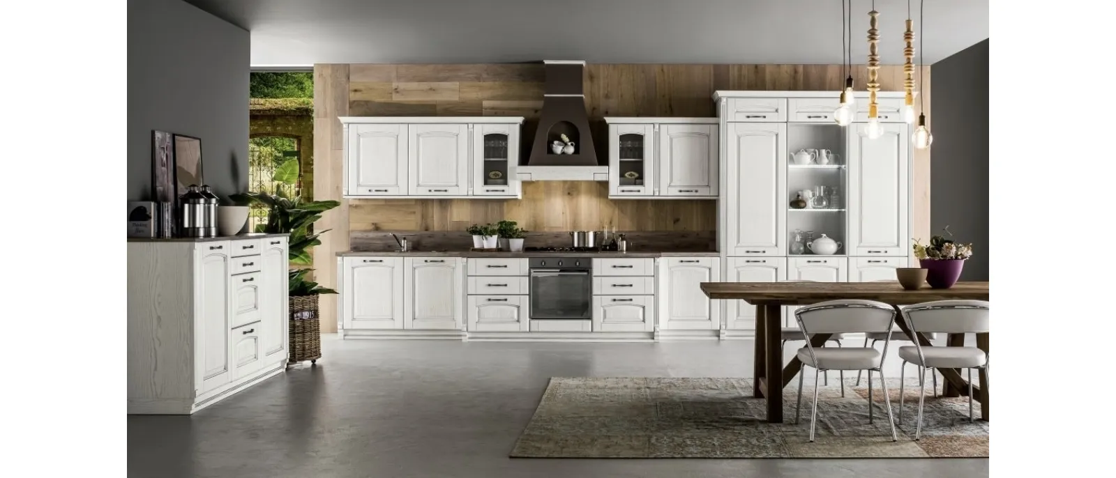 Classic linear kitchen Magda 01 in Oak wood with Chalk Decapé finish by Arrex.