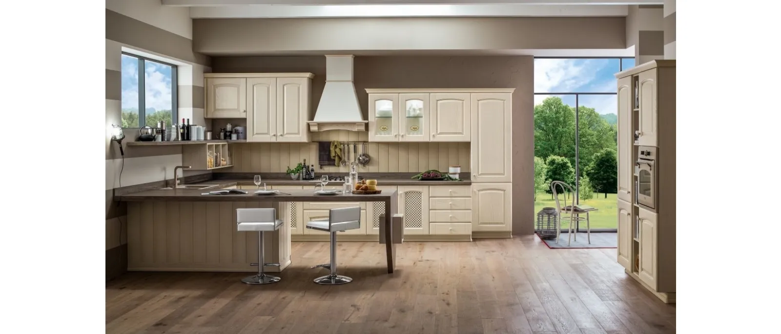 Classic kitchen with Magda 03 peninsula in White Decapè Oak wood by Arrex.