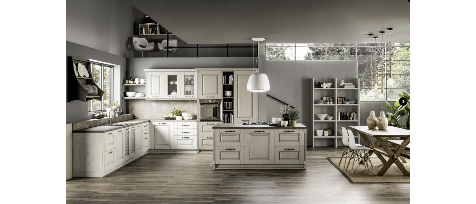 Classic corner kitchen with central island Nora 02 in Decapé Chalk and Ecru wood by Arrex.