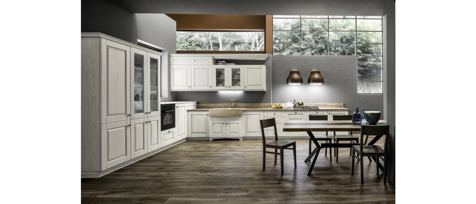 Classic corner kitchen Nora 05 in lacquered wood in Chalk Decapé finish by Arrex.