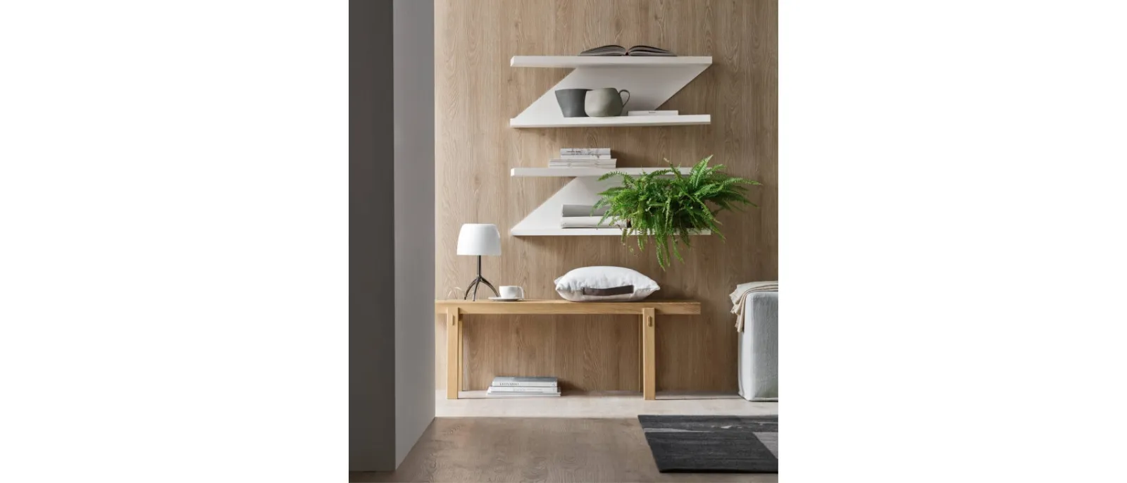 The shelves are made of wood and steel and