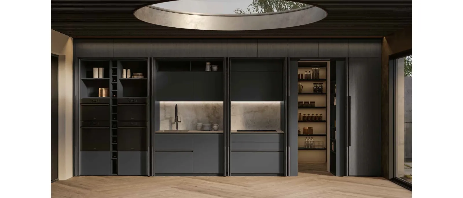 Modern linear Daytona Living kitchen in Slate with sliding wood doors by Arrex