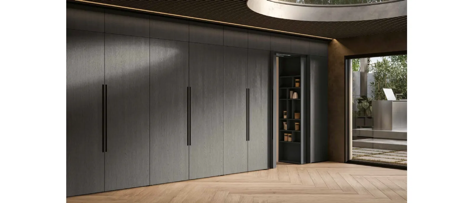 Modern linear Daytona Living kitchen with sliding wooden doors by Arrex