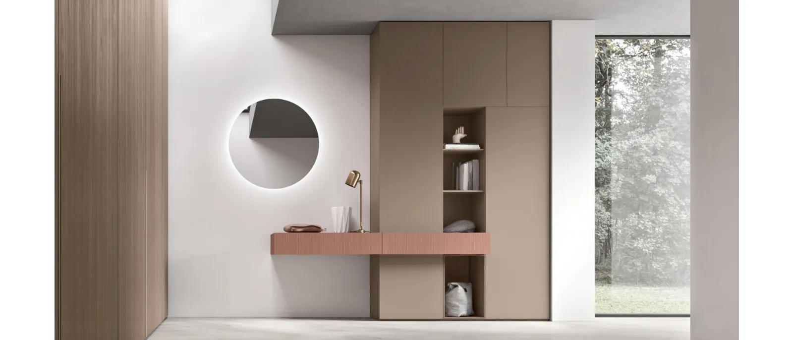 Entrance hall with open shelves on the side of the entrance door and closed