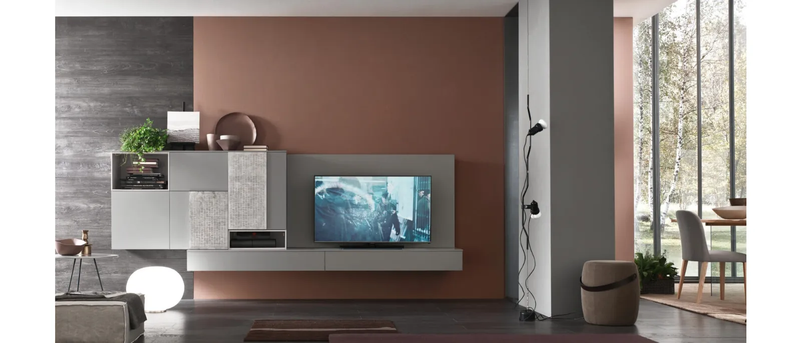 A wall made of a metal structure to host all the furniture items that can