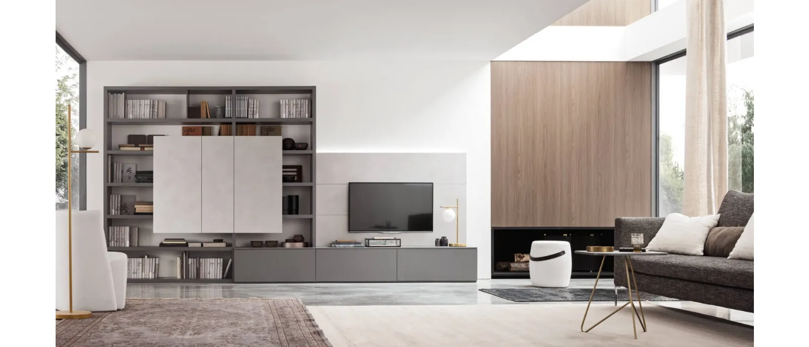 This wall unit combines a wooden wardrobe and a double bed with two drawers on each side and two integrated