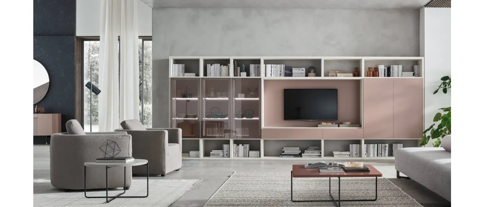 Wall system with wall units for TV / audio systems, cabinets and wardrobes equipped with sliding