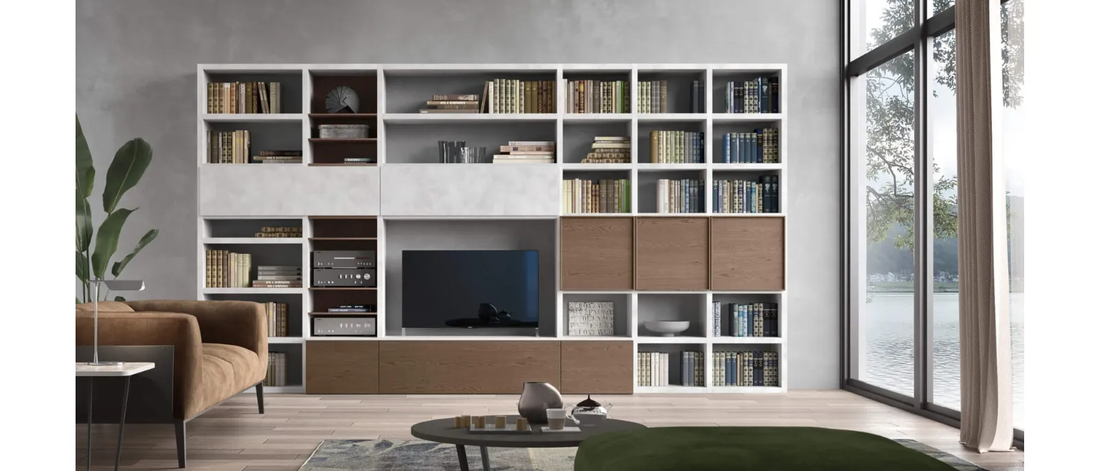 System Spallino Comp SA 2222, wall unit with two double-depth shelves on top and a central opening for TV / audio equipment installation or simply to display decorative objects
