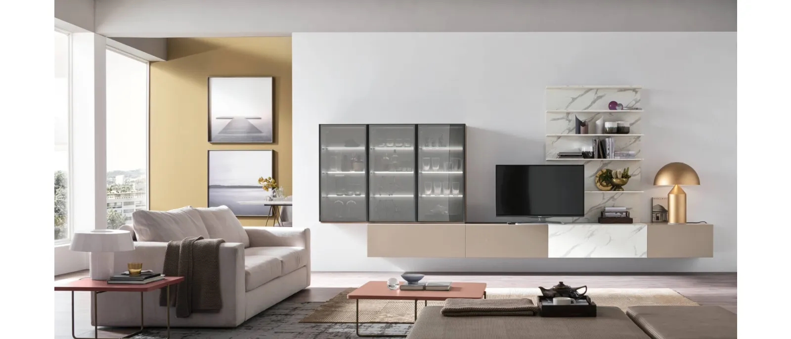 Wall unit with 24 doors made of natural wood and aluminium frame
