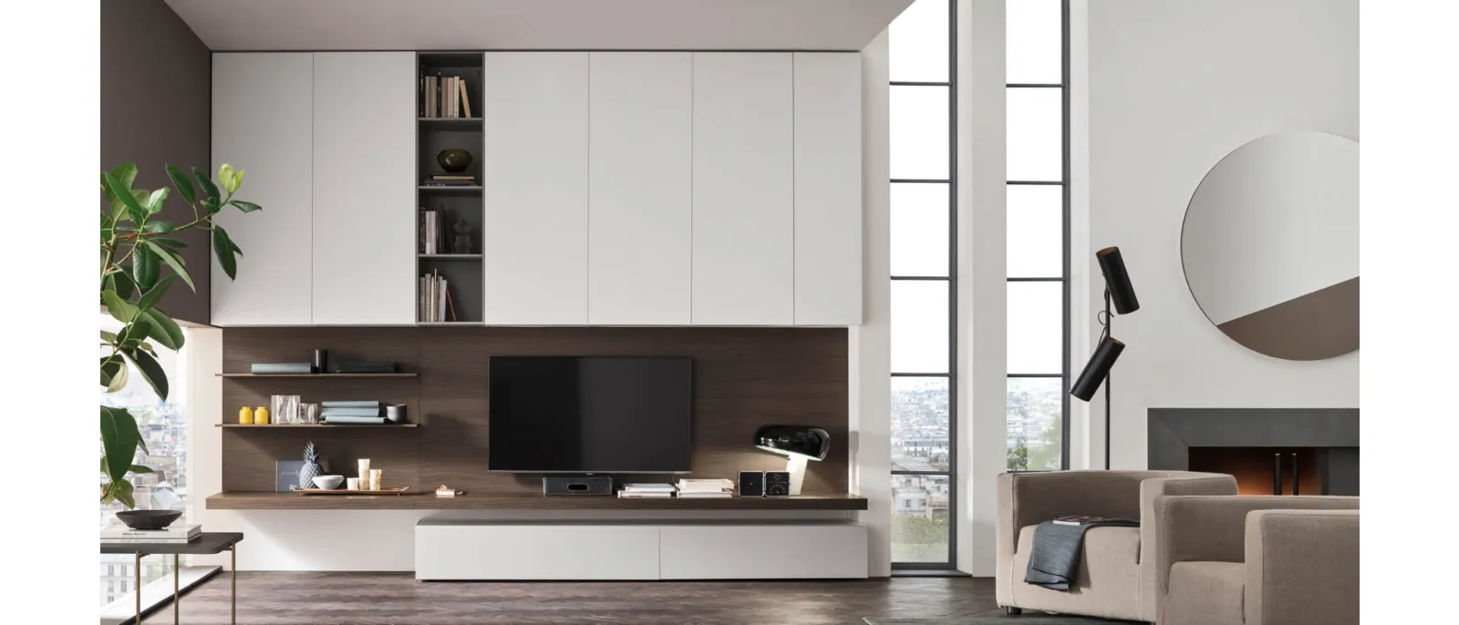 The wall system is made up of a series of shelves with the same support