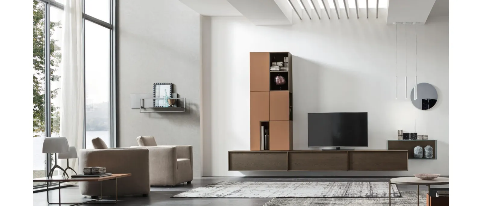 Modular wall unit designed for the living room, with drawers and shelves made