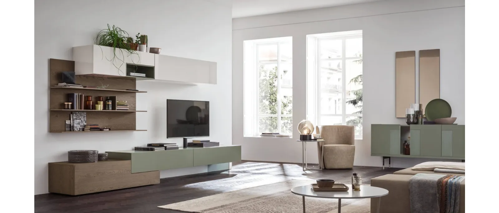 Contemporary wall unit by Cribas made of wood and lacquered metal with open compartments and drawers covered