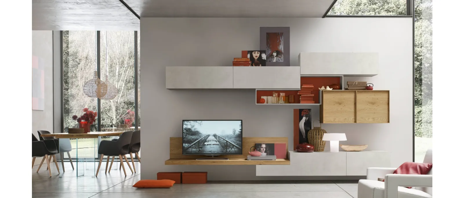 Wall unit made of melamine in the finish Cement, White and Veneered Honey on a frame Maronese for the company Lema . Available with or without