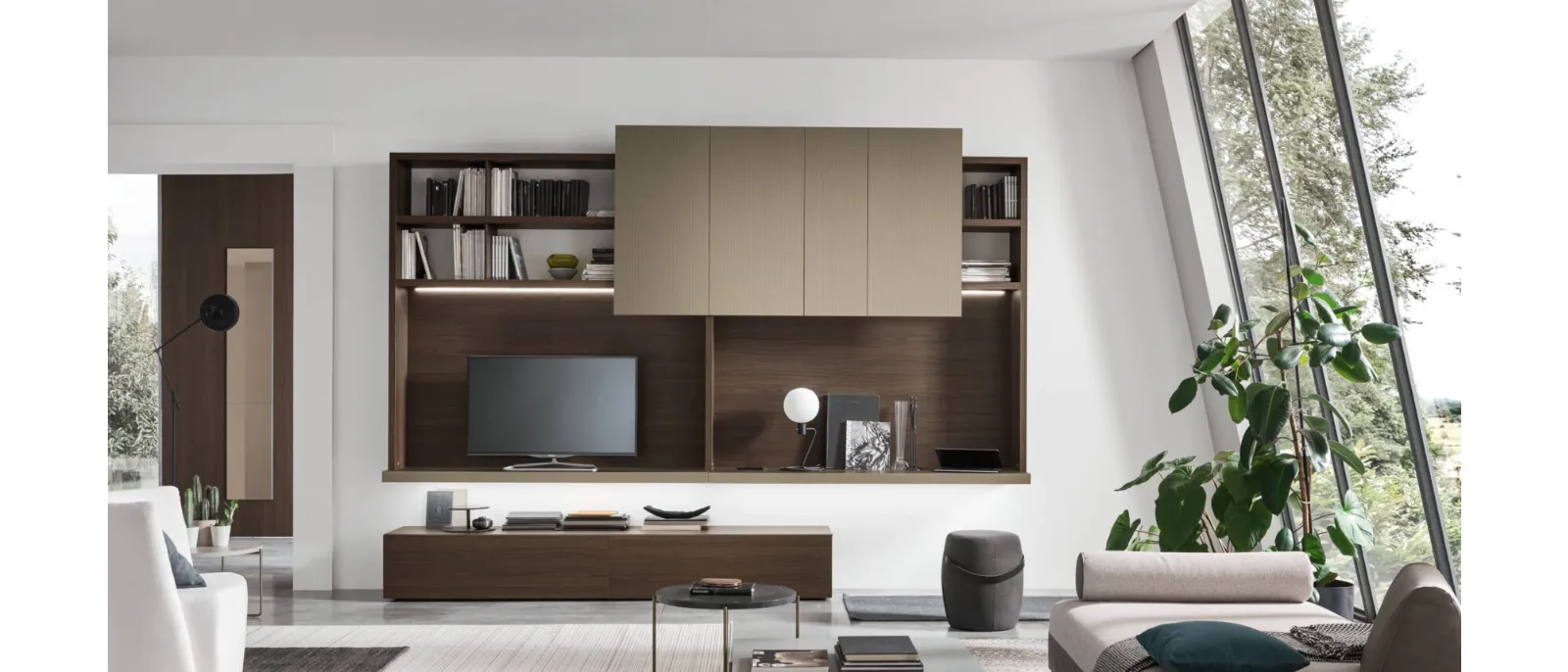 The system of the wall-mounted furniture is a combination between the shelves and the open cabinets to provide maximum