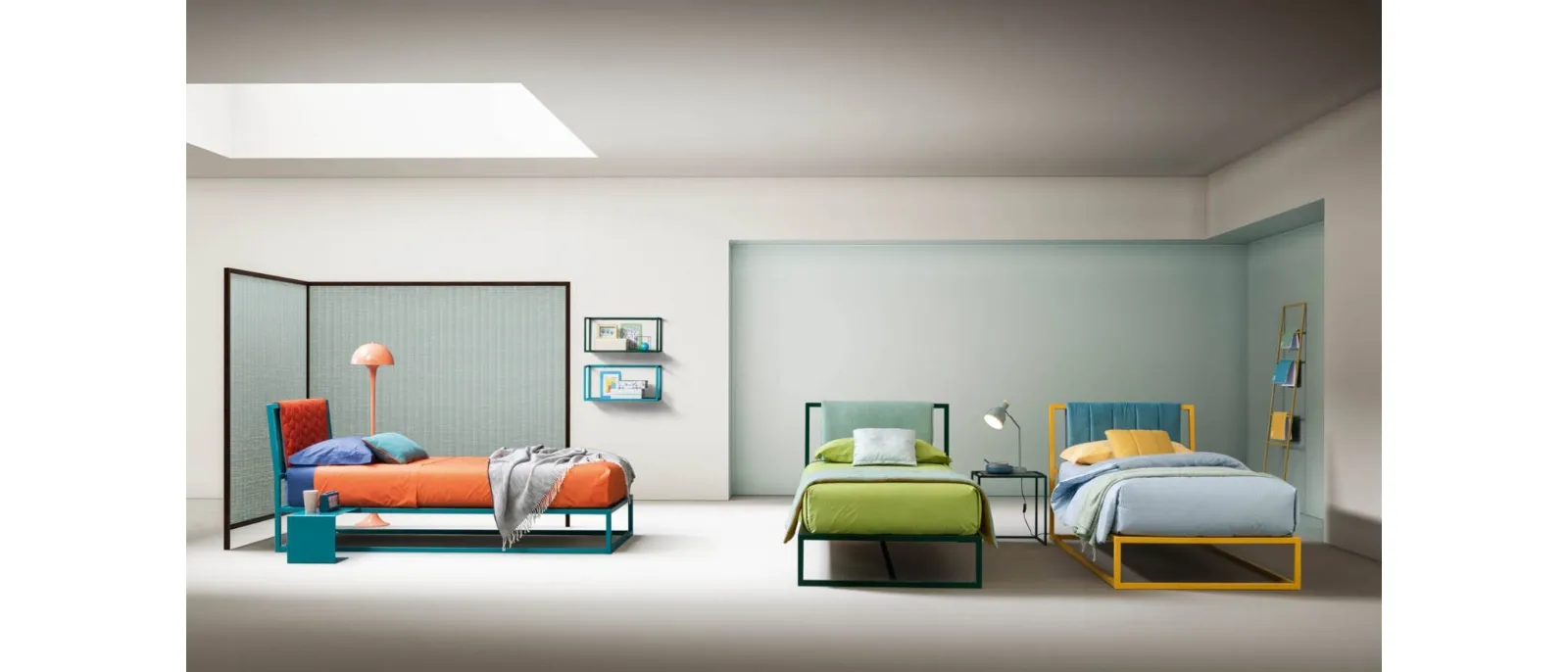 Single bed with metal structure painted and upholstered fabric headboard Frame by Bside.