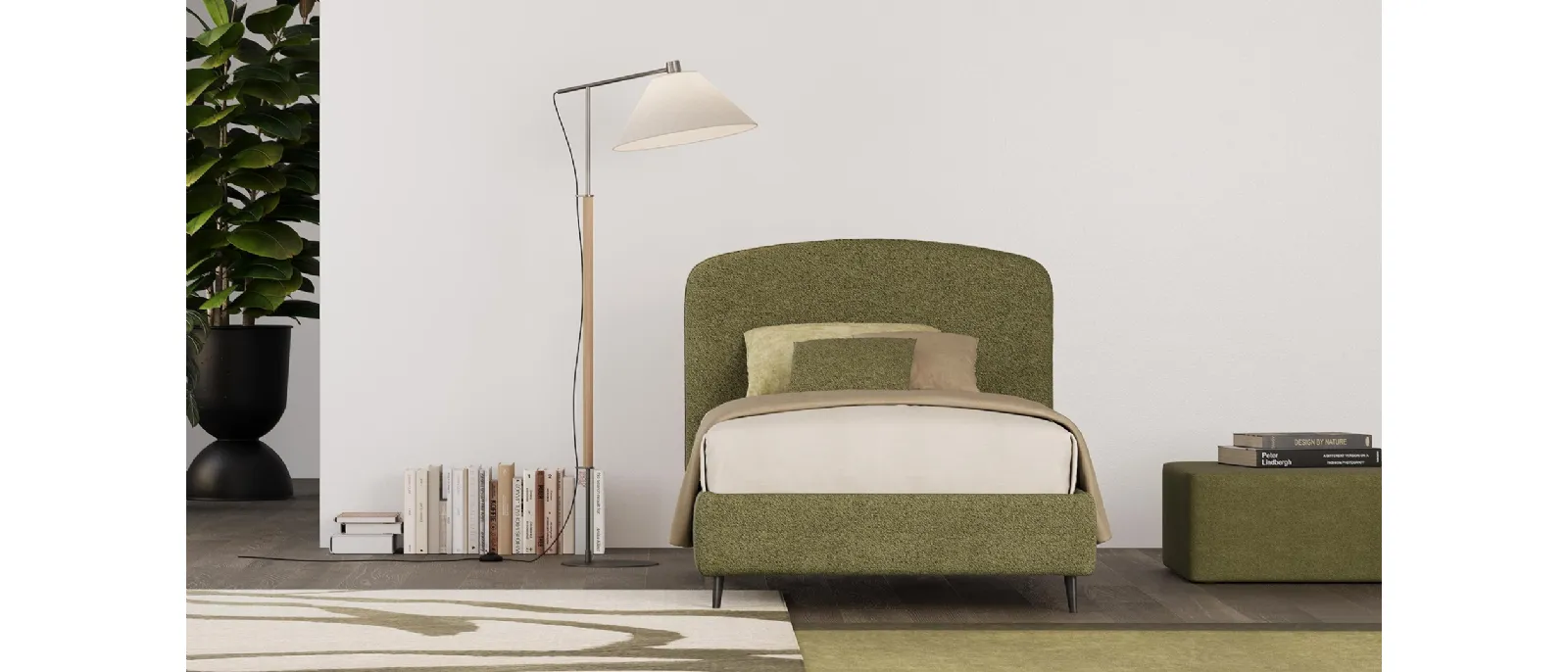 Harry single bed by Divaletti Home features a headboard available with three different shapes for the