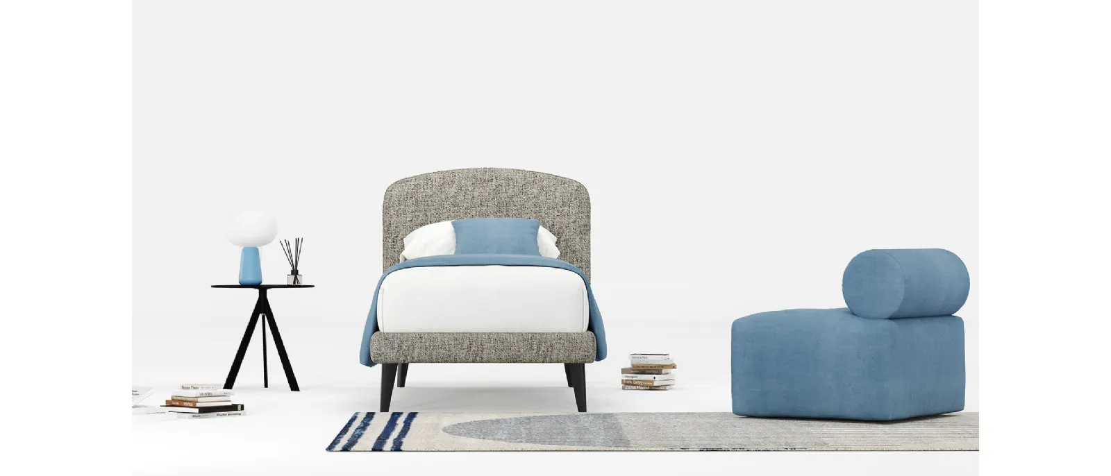 Bedside single bed with rounded headboard 