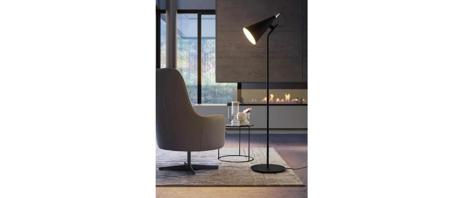 L'immagine presenta la lampada da terra in metallo laccato con diffusore in alluminio