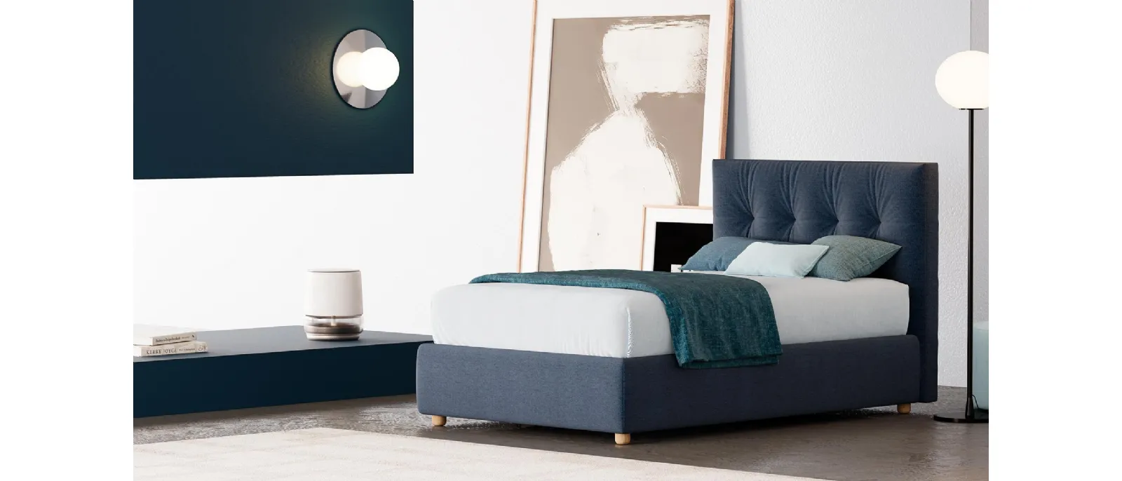 Single bed Kim in quilted fabric from Divalletti Home Collection. The headboard is finished