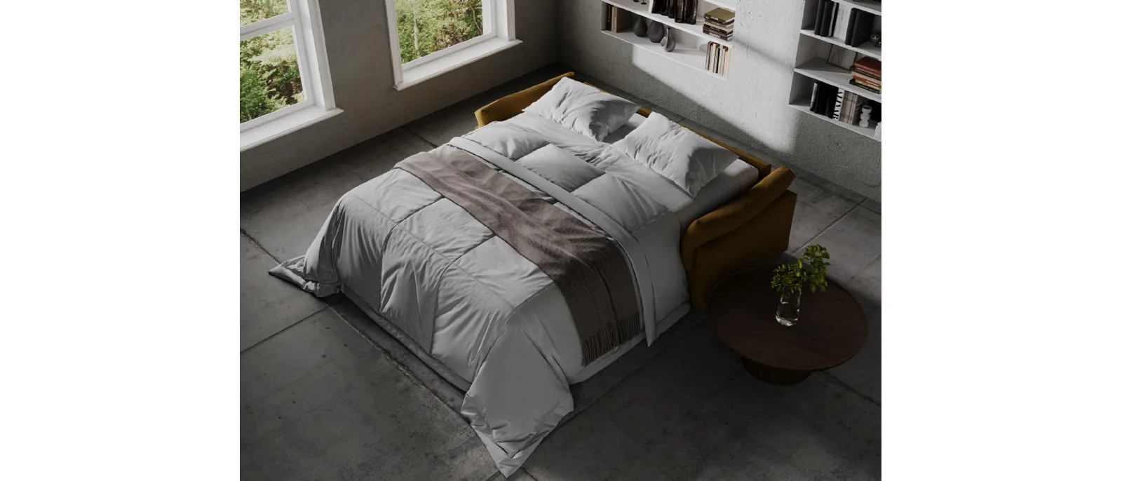 Active sofa bed made of wood with a metal structure and uphol