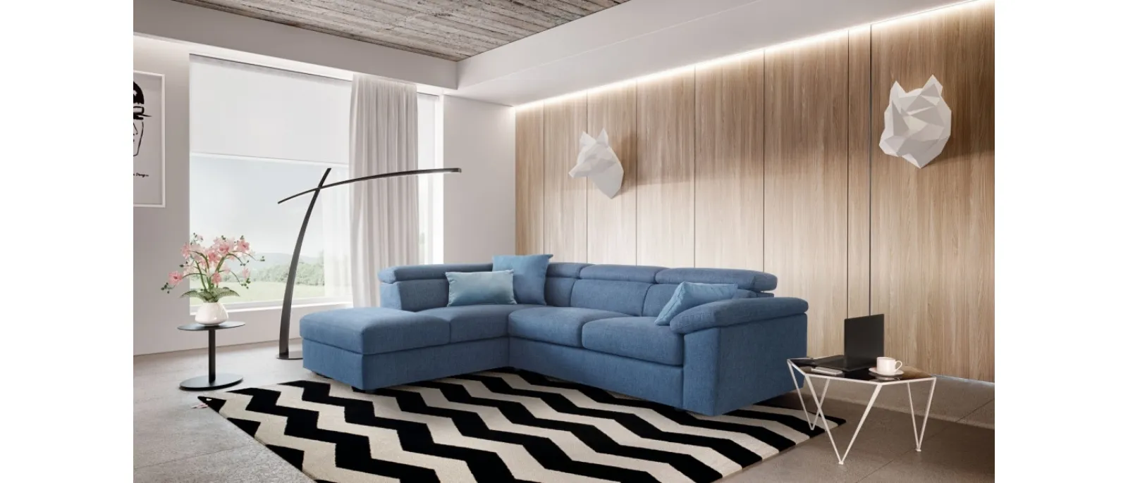 Adela sofa by Le Comfort is an L-shaped fabric corner sofa that includes storage space in the armchair pou
