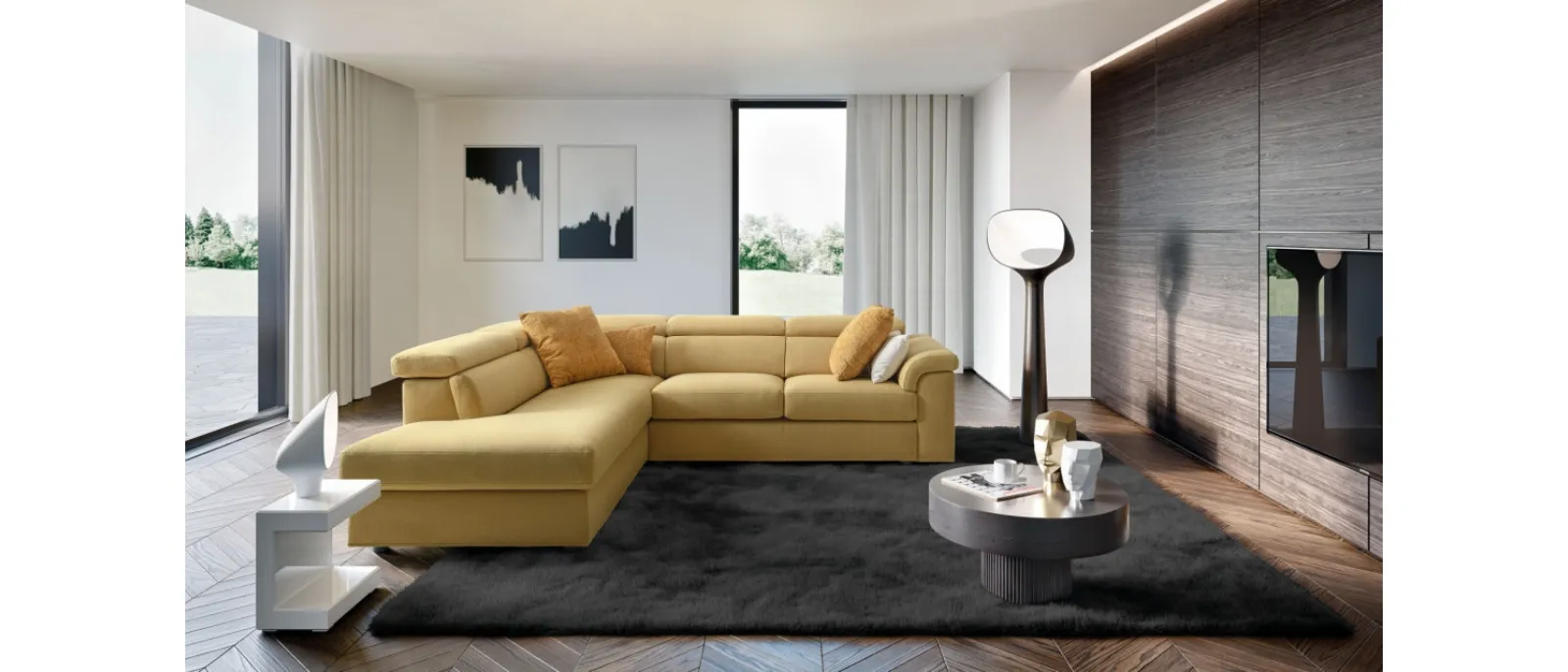 A modern sofa with straight lines and clean design, the corner sofa is made of solid